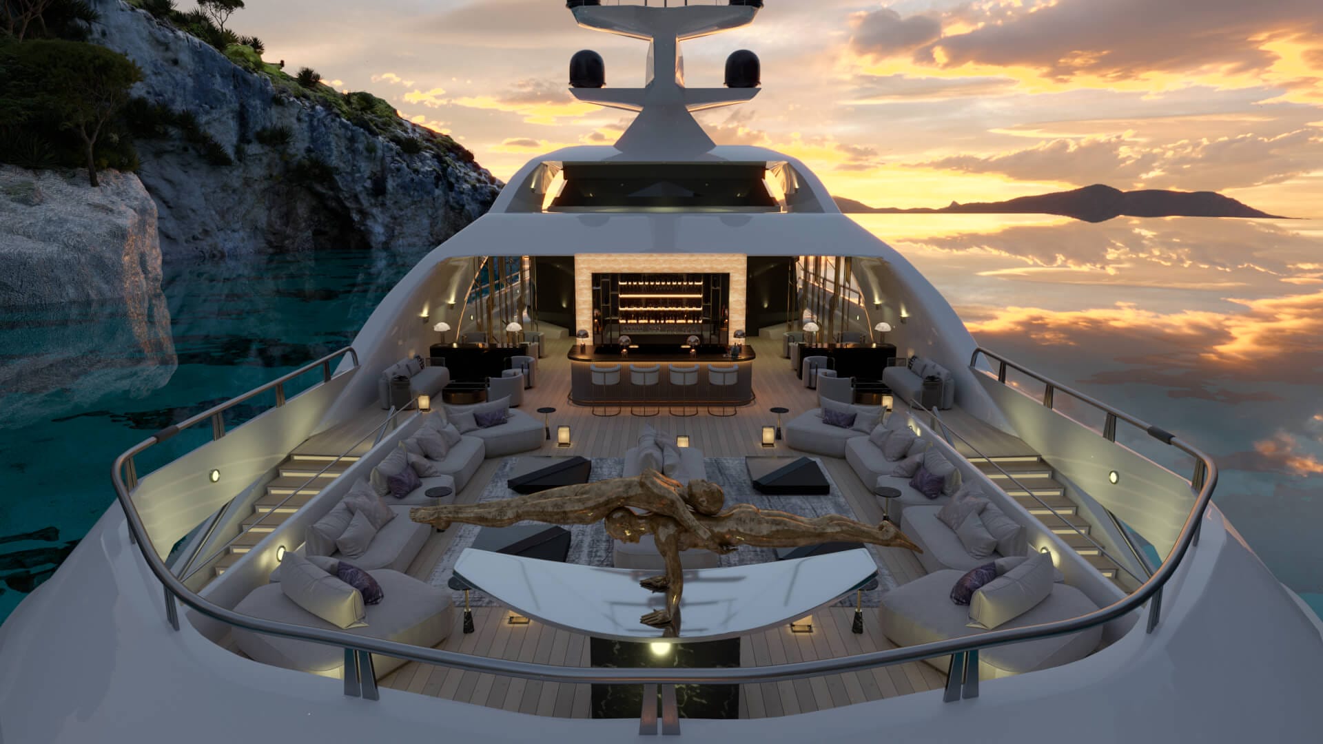 yacht with sculpture